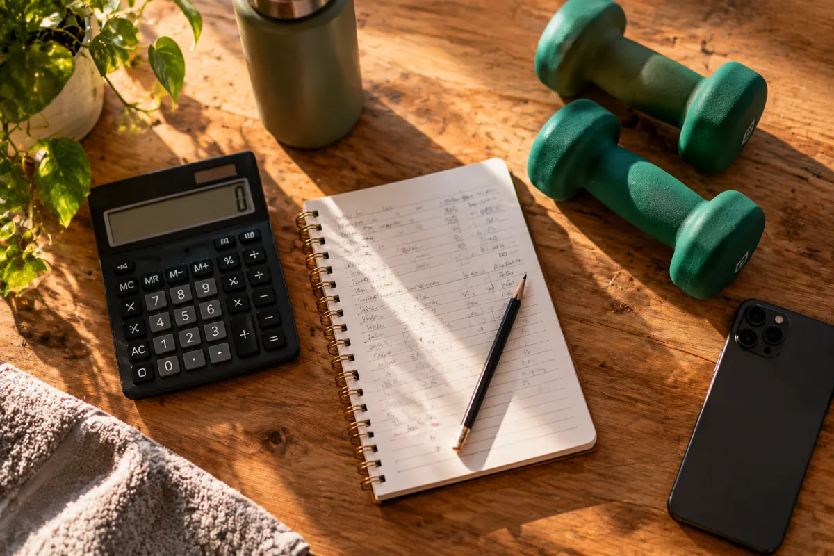 Calculadora y libreta con cuentas junto a unas pesas sobre una mesa