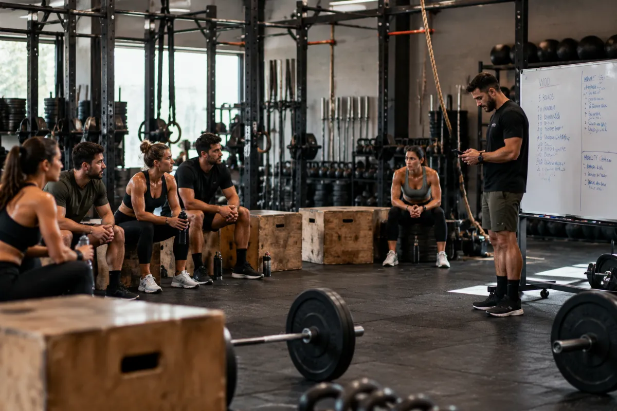 Coach de un box de entrenamiento funcional junto a la pizarra del WOD
