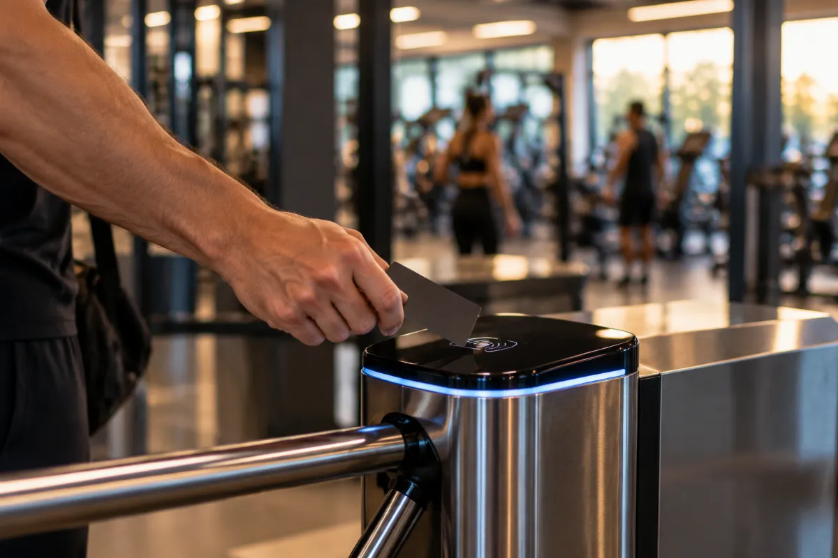 Socio registrando su entrada en el control de accesos del gimnasio