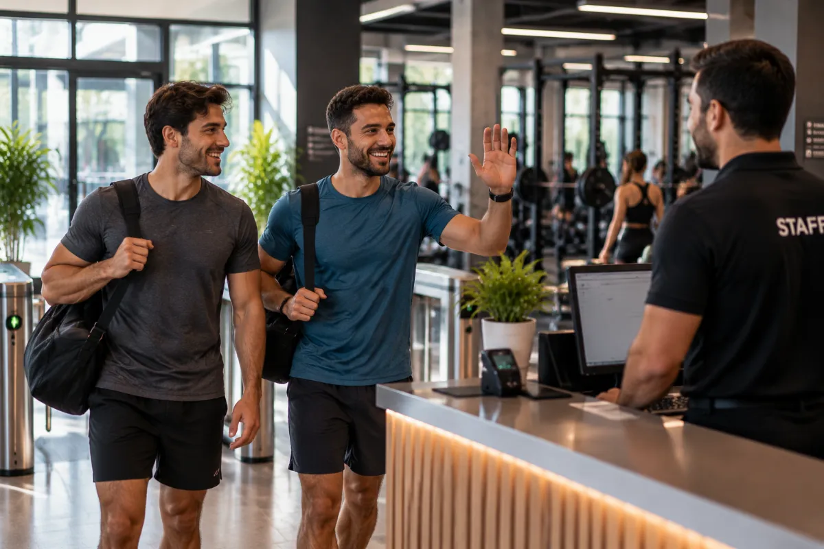 Dos amigos entrando juntos al gimnasio en una promoción de trae a un amigo